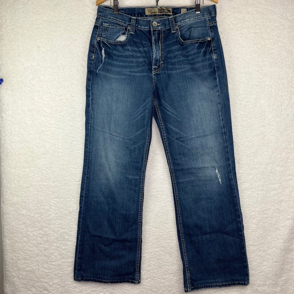 BKE Tyler Mens Straight Leg Jeans 34x32 Medium Wash Distressed Denim Blue